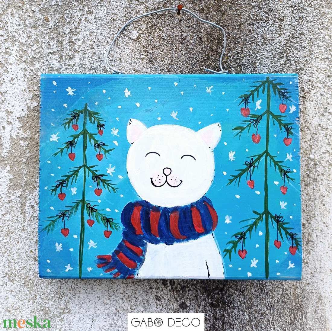 Bohém téli állatos fára festett rusztikus kép. Róka, Nyuszi, Pingvin, Cica, Maci, Kutya - karácsony - karácsonyi lakásdekoráció - karácsonyfadíszek - Meska.hu