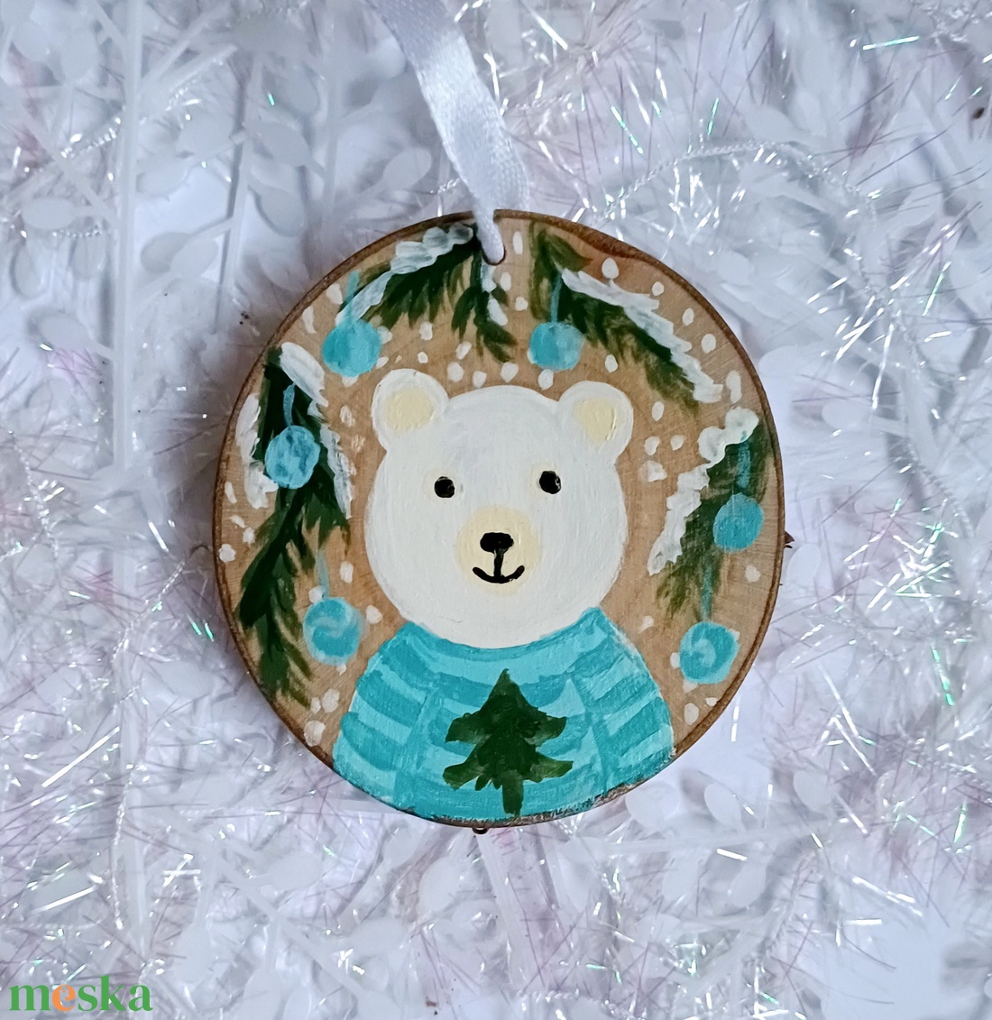 Bohém, téli állatos, fára festett rusztikus kép, dísz. Jegesmedve, jegesmaci, 2 oldalas - karácsony - karácsonyi lakásdekoráció - karácsonyfadíszek - Meska.hu