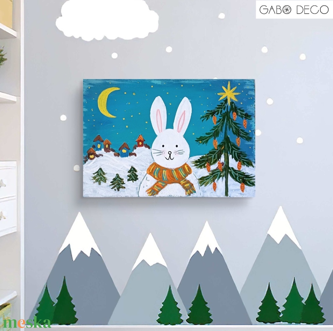 Bohém téli állatos fára festett rusztikus kép, fatábla. Nyuszi - karácsony - karácsonyi lakásdekoráció - karácsonyfadíszek - Meska.hu