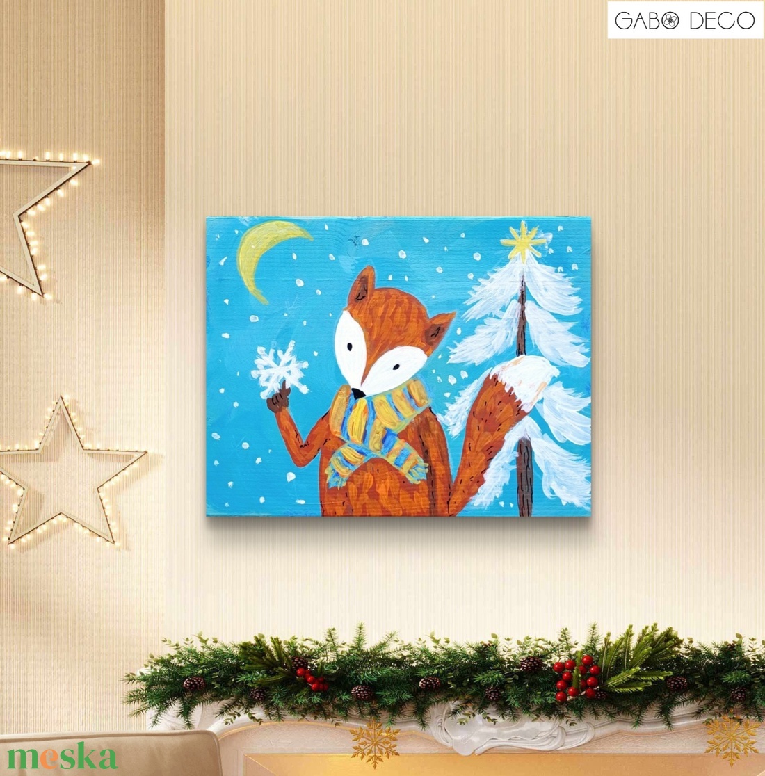 Bohém téli állatos fára festett rusztikus kép, fatábla. Róka, Nyuszi, Pingvin, Cica, Maci, Kutya - karácsony - karácsonyi lakásdekoráció - karácsonyfadíszek - Meska.hu