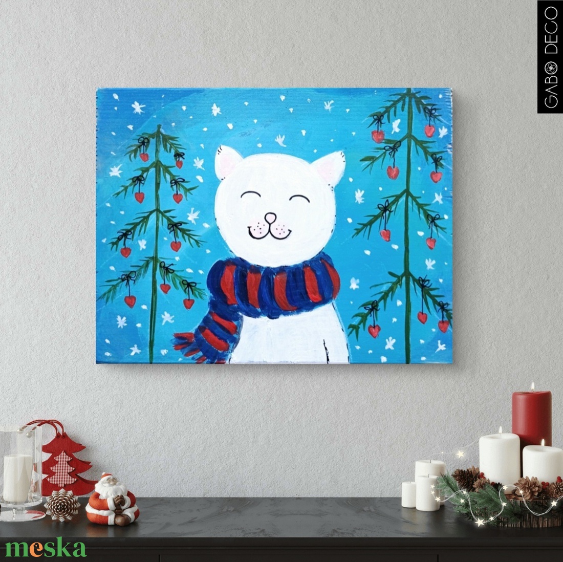 Bohém téli állatos, fára festett rusztikus kép, fatábla. Róka, Nyuszi, Pingvin, Cica, Maci, Kutya - karácsony - karácsonyi lakásdekoráció - karácsonyfadíszek - Meska.hu