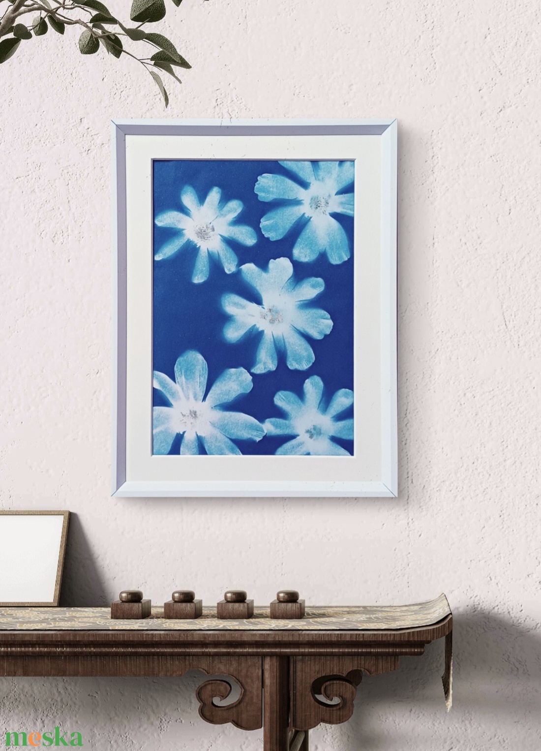 Cianotípiával készült kép, nyomat. Pillangóvirágok a kék csendben.   - művészet - festmény - akril - Meska.hu