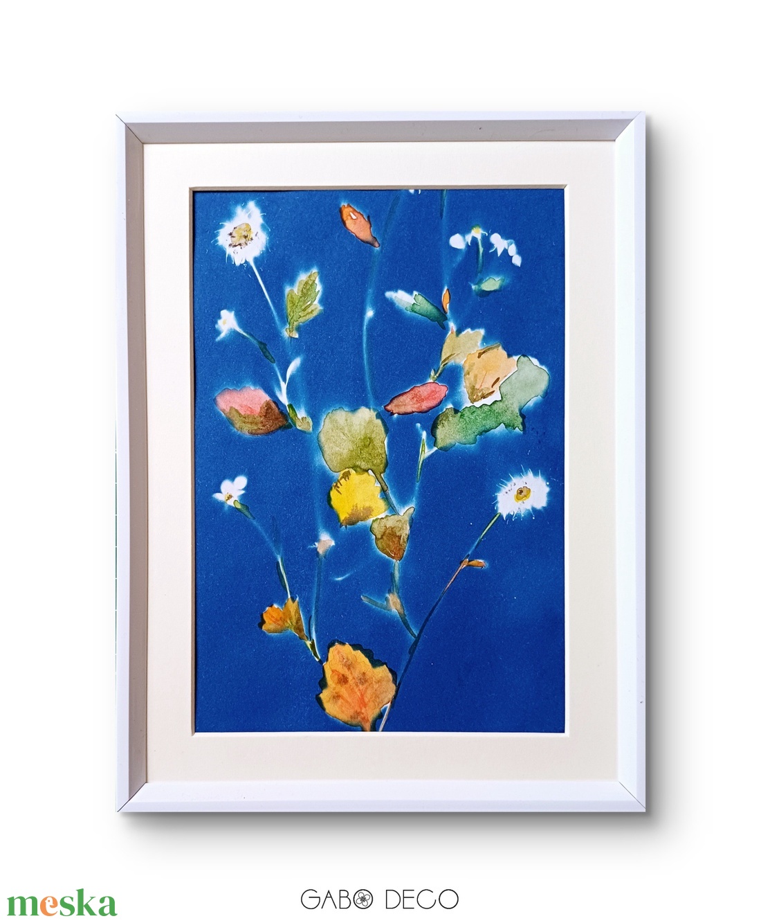 Cianotípiával és akvarellel készült kép, nyomat kerettel. Virág, virágcsokor, virágok. - művészet - festmény - akril - Meska.hu