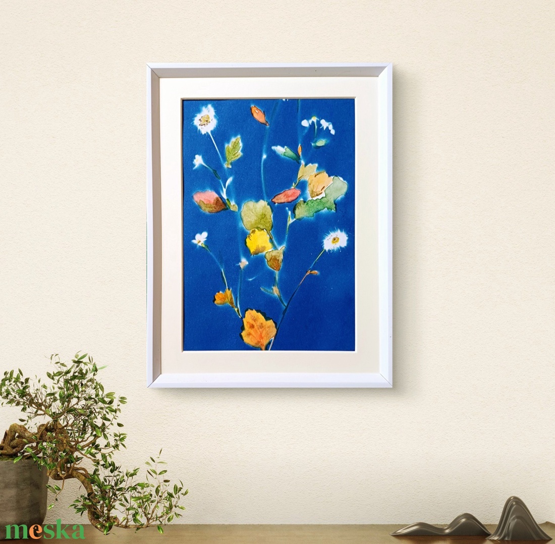 Cianotípiával és akvarellel készült kép, nyomat kerettel. Virág, virágcsokor, virágok. - művészet - festmény - akril - Meska.hu