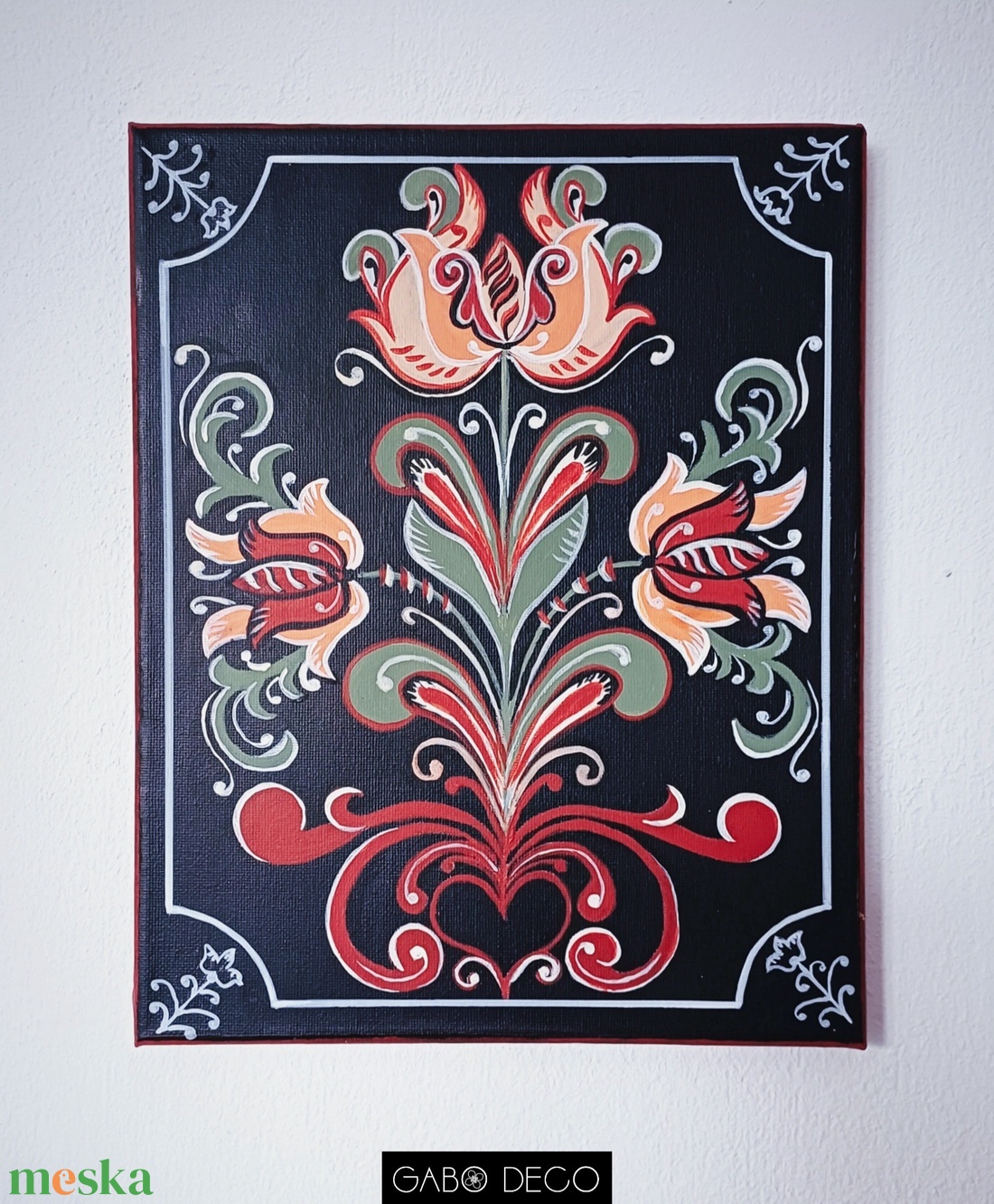 Hagyományos tulipános motívumos akril festmény, vászonkép - művészet - festmény - akril - Meska.hu