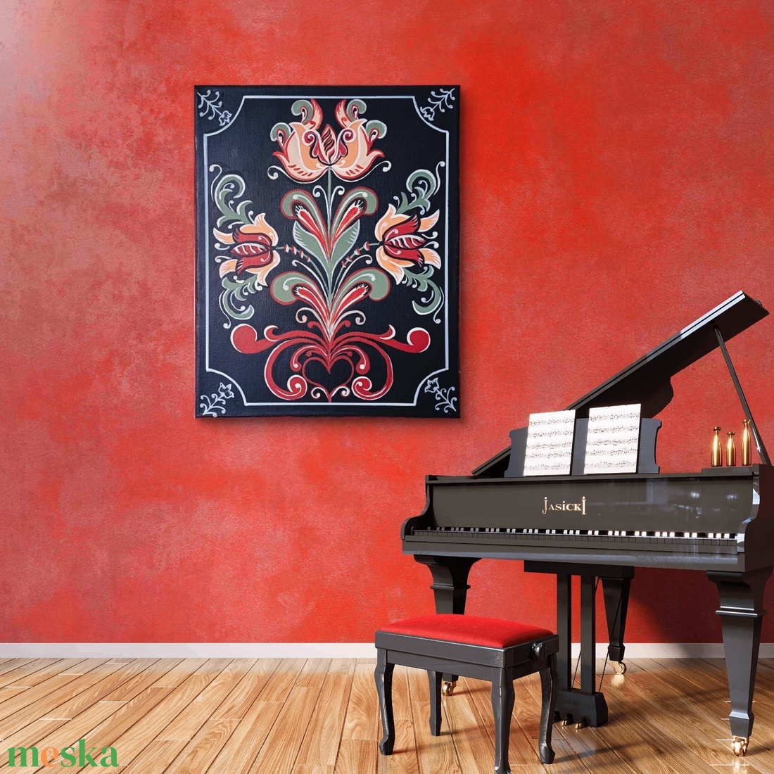 Hagyományos tulipános motívumos akril festmény, vászonkép - művészet - festmény - akril - Meska.hu