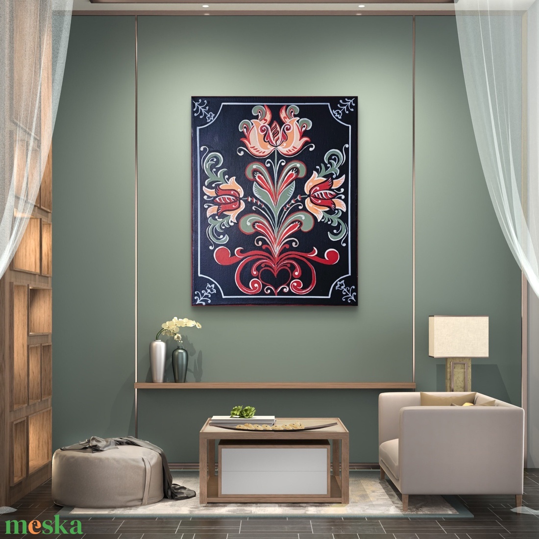 Hagyományos tulipános motívumos akril festmény, vászonkép - művészet - festmény - akril - Meska.hu