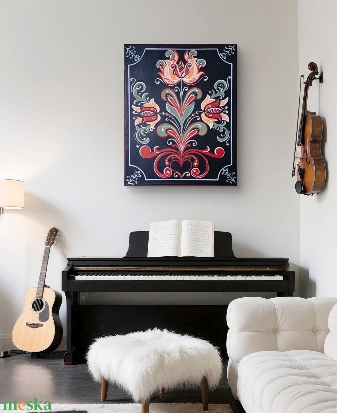 Hagyományos tulipános motívumos akril festmény, vászonkép - művészet - festmény - akril - Meska.hu