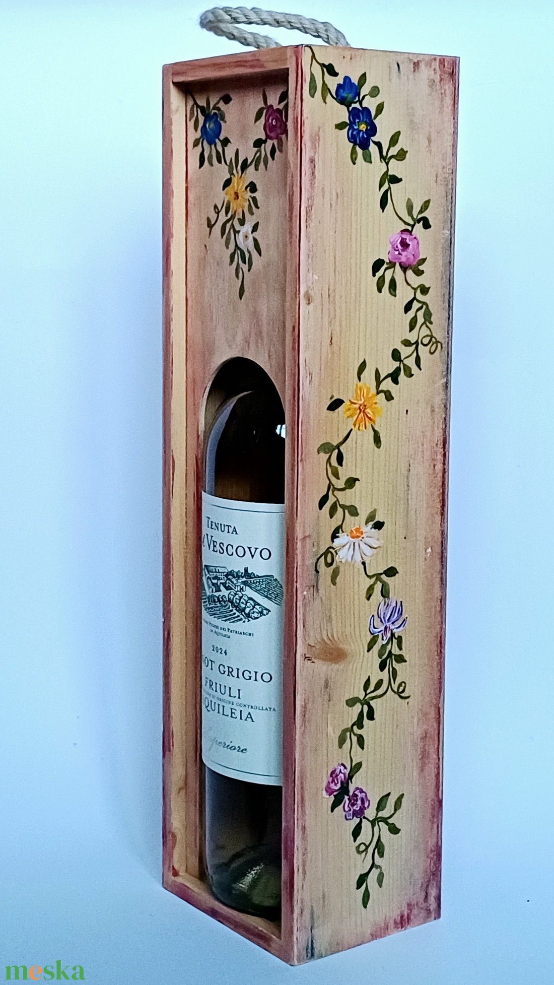 Virágfüzéres boros doboz, díszdoboz toló tetővel - otthon & életmód - konyhafelszerelés, tálalás - italos kellékek - boros díszdoboz - Meska.hu