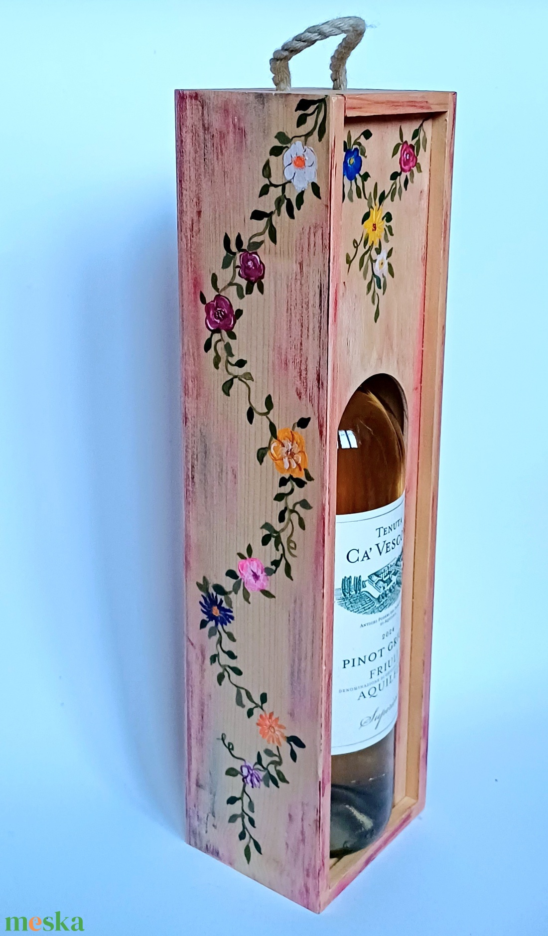 Virágfüzéres boros doboz, díszdoboz toló tetővel - otthon & életmód - konyhafelszerelés, tálalás - italos kellékek - boros díszdoboz - Meska.hu