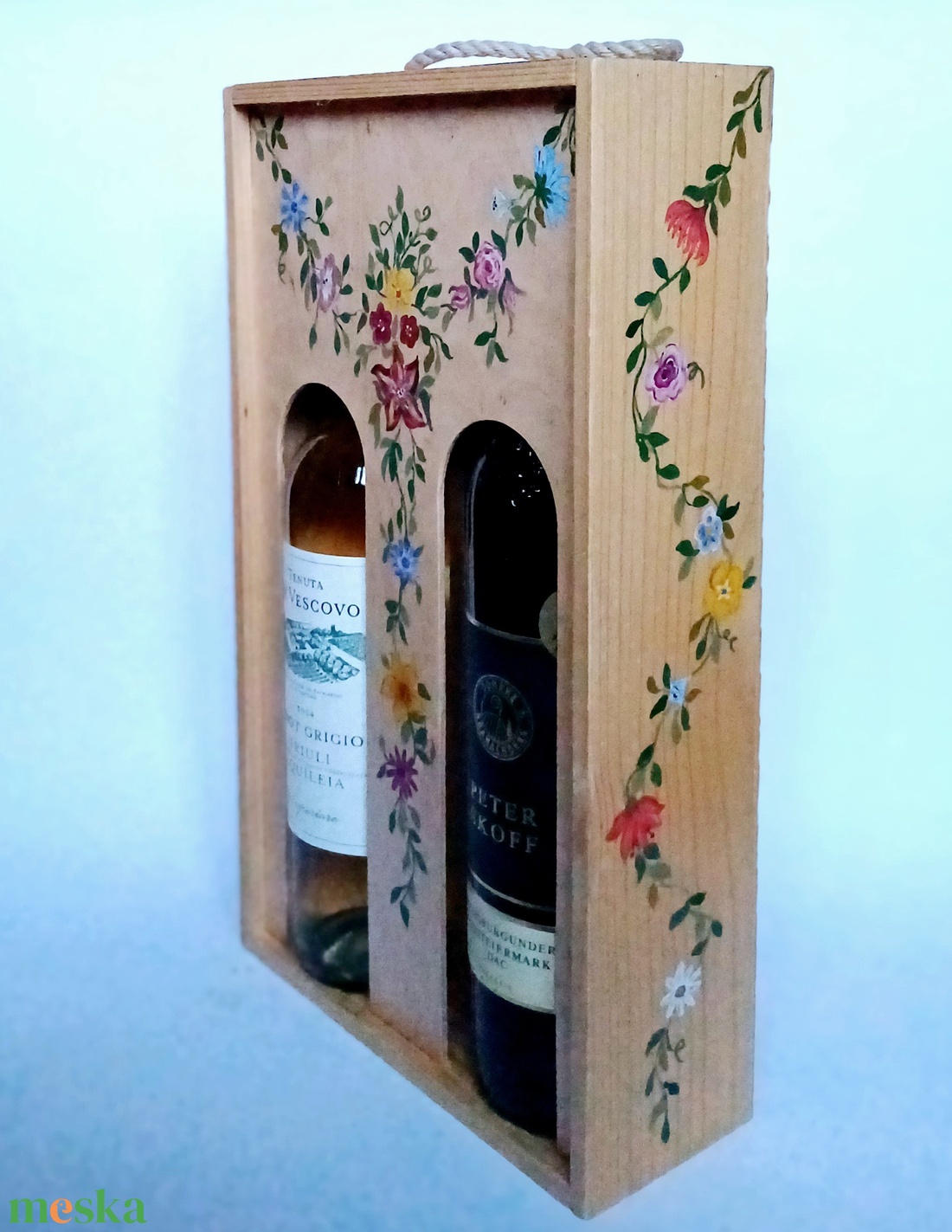 Virágfüzéres kettős boros doboz, díszdoboz toló tetővel - otthon & életmód - konyhafelszerelés, tálalás - italos kellékek - boros díszdoboz - Meska.hu