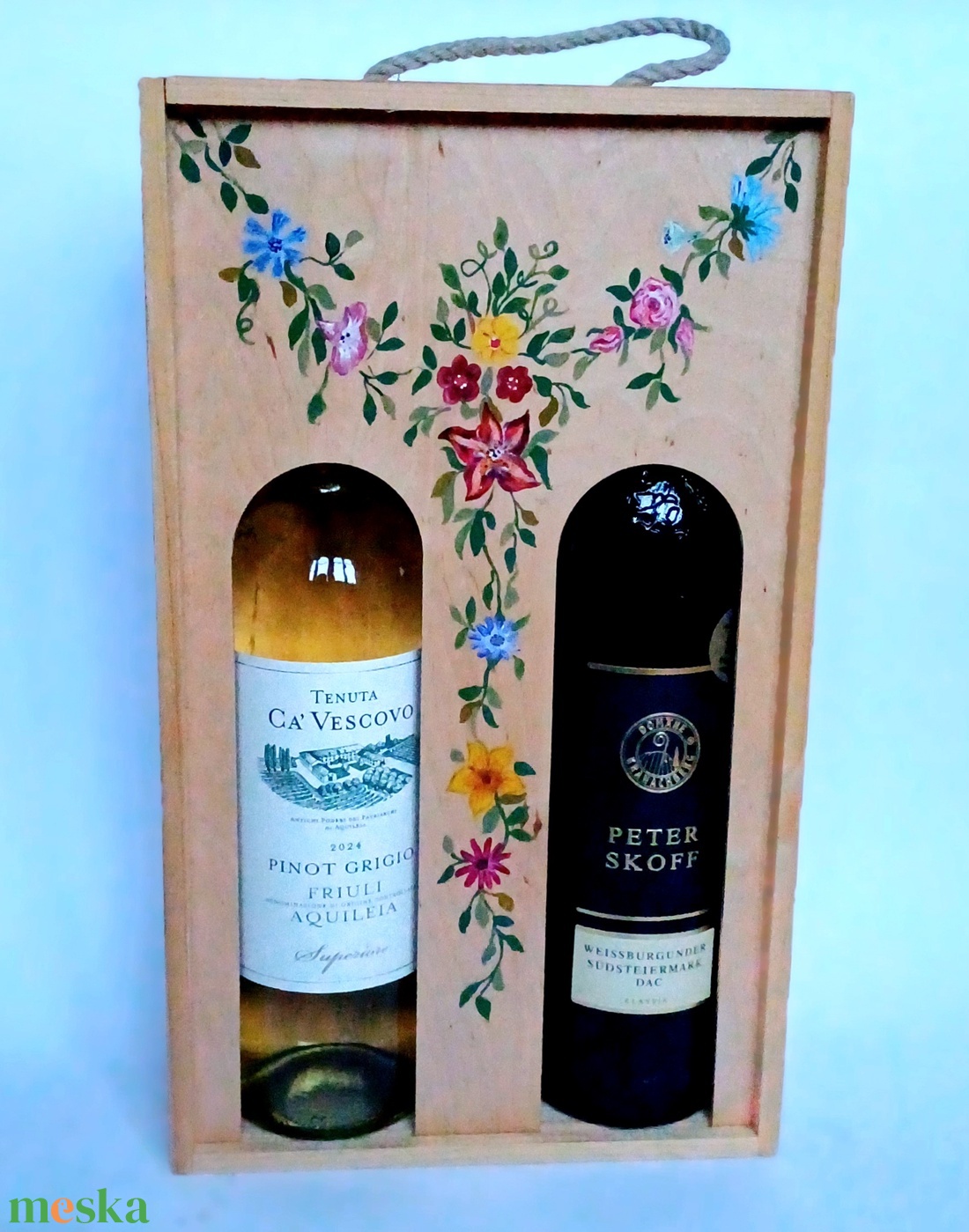 Virágfüzéres kettős boros doboz, díszdoboz toló tetővel - otthon & életmód - konyhafelszerelés, tálalás - italos kellékek - boros díszdoboz - Meska.hu