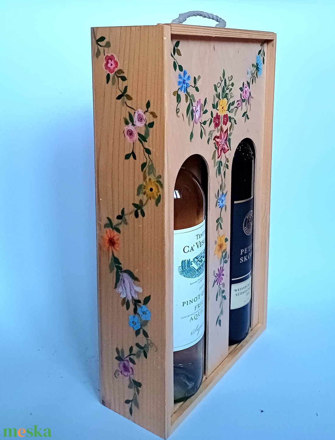 Virágfüzéres kettős boros doboz, díszdoboz toló tetővel - otthon & életmód - konyhafelszerelés, tálalás - italos kellékek - boros díszdoboz - Meska.hu