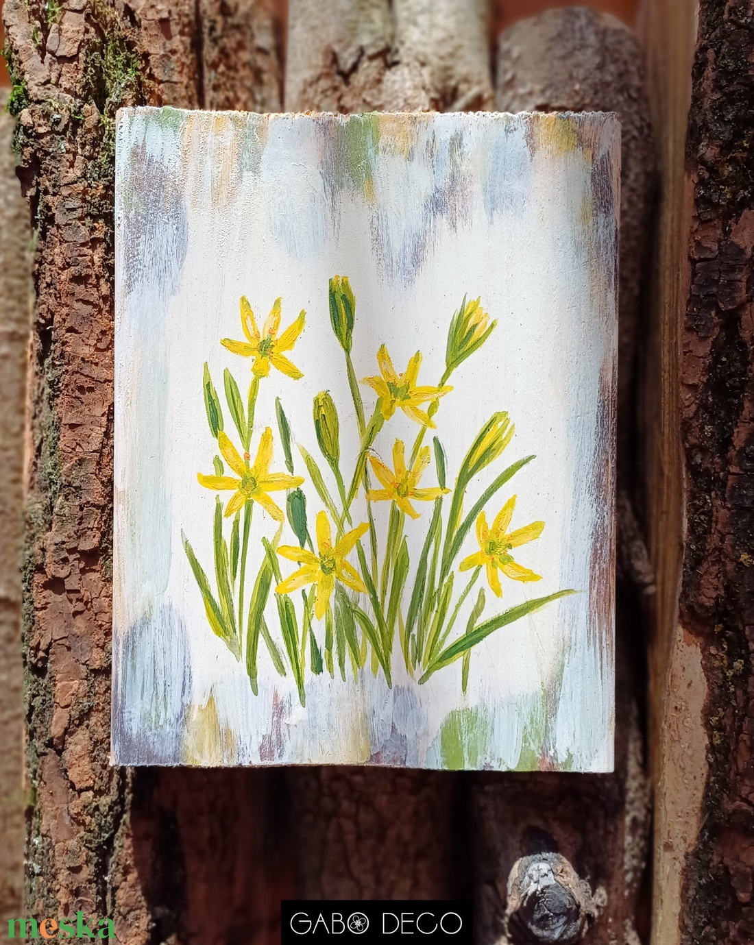 Bohém tavaszi, fára festett rusztikus kép, fatábla. Virág, csillagvirág vagy tyúktaréj - ünnepi díszek, dekorációk - húsvéti díszek és dekorációk - húsvéti virágos díszek - Meska.hu