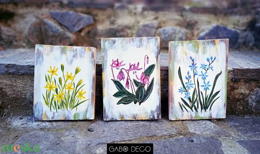 Bohém, botanikai, tavaszi, fára festett rusztikus kép, fatábla. Virág. Kakasmandikó - ünnepi díszek, dekorációk - húsvéti díszek és dekorációk - húsvéti virágos díszek - Meska.hu