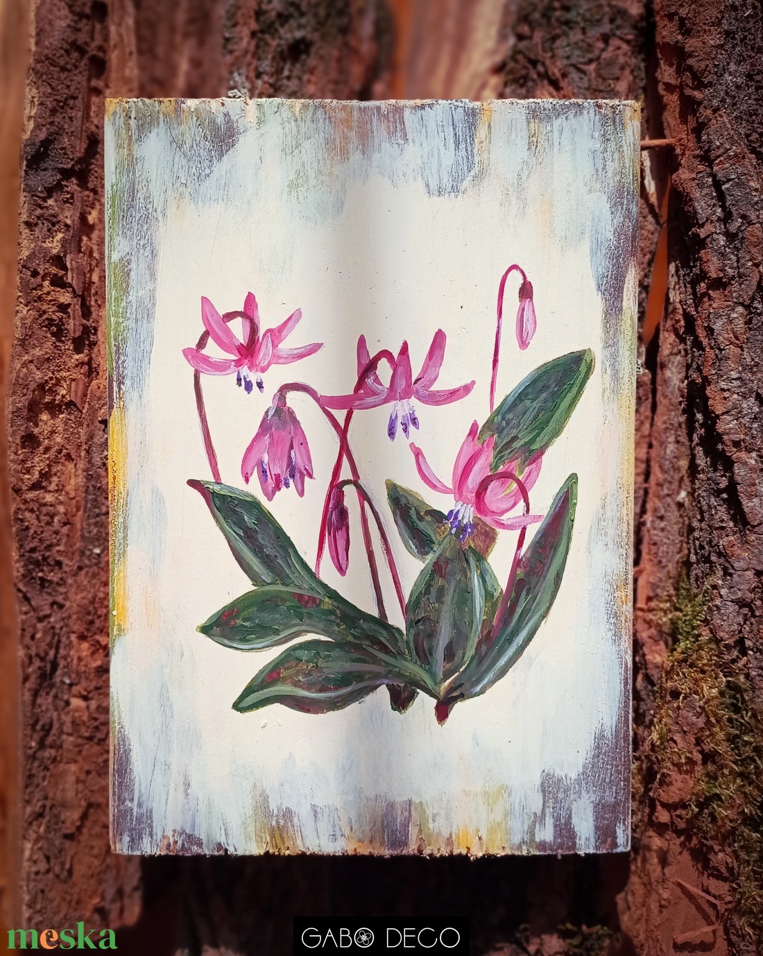 Bohém, botanikai, tavaszi, fára festett rusztikus kép, fatábla. Ibolya - ünnepi díszek, dekorációk - húsvéti díszek és dekorációk - húsvéti virágos díszek - Meska.hu