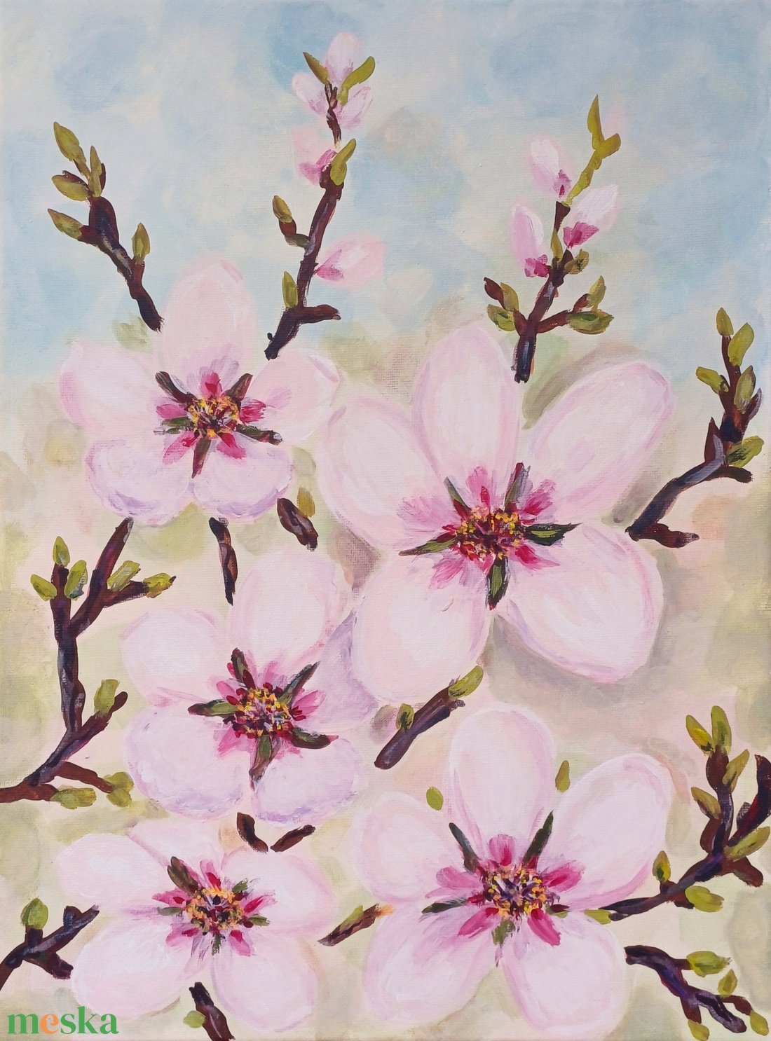 Mandulavirágos tavaszi akril festmény, vászonkép. Mandula - művészet - festmény - akril - Meska.hu