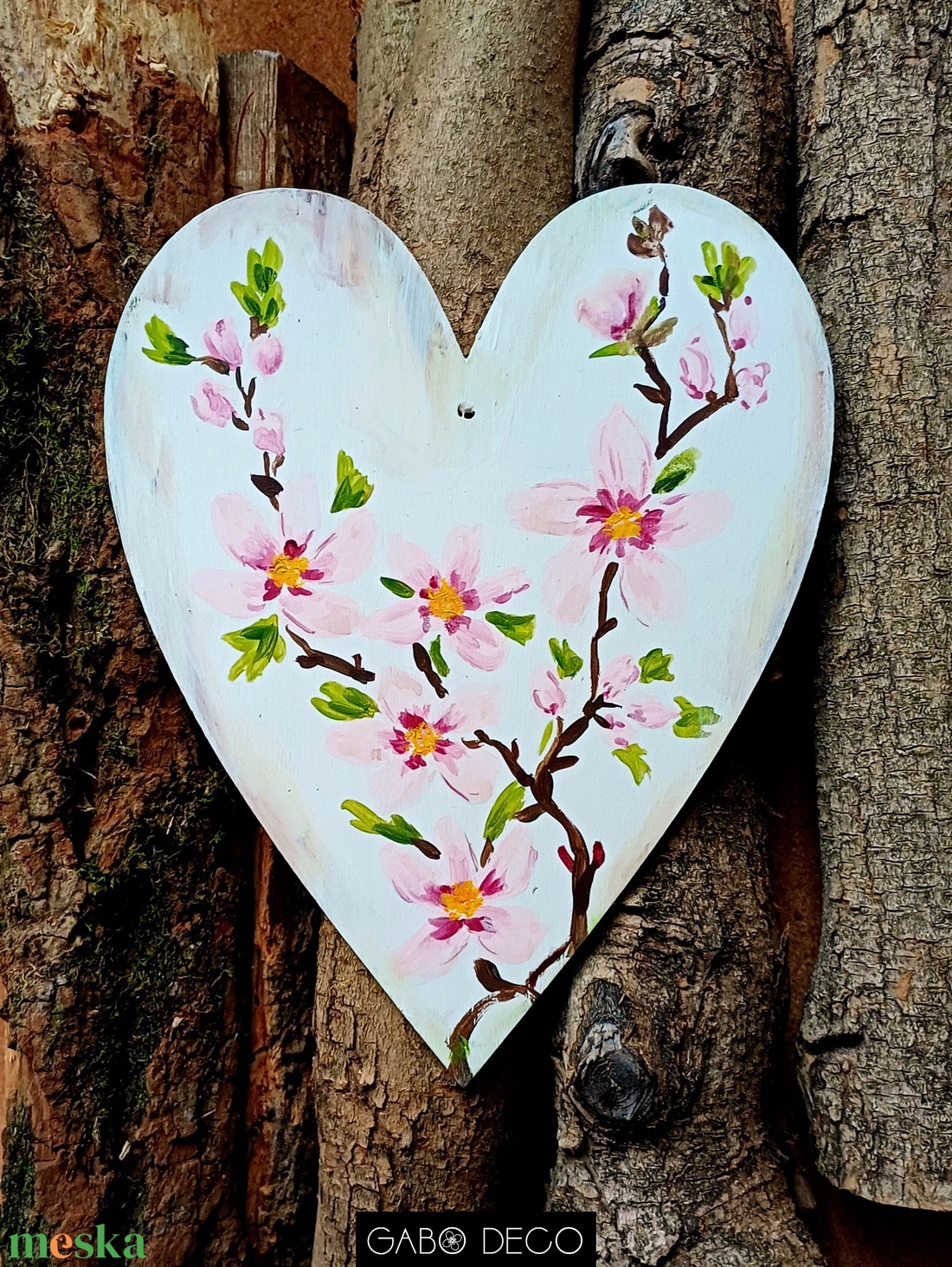 Mandulavirágos és jácintos tavaszi akrillal festett fa szív - művészet - festmény - akril - Meska.hu