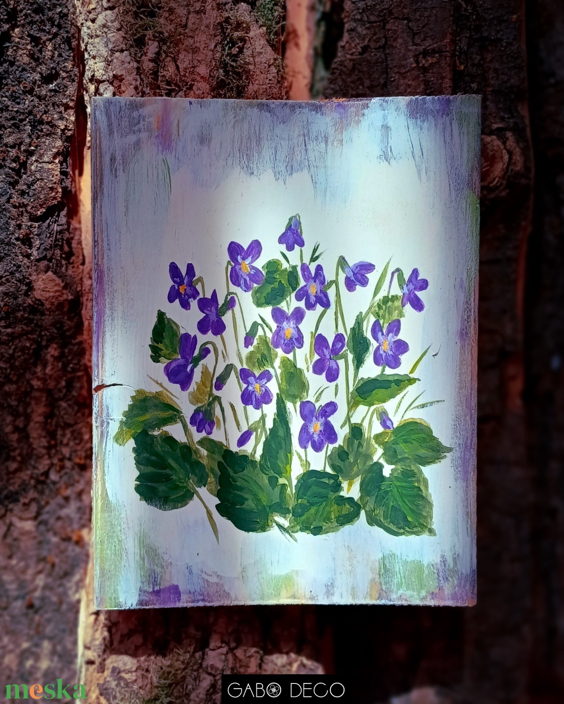 Bohém, botanikai, tavaszi, fára festett rusztikus kép, fatábla. Ibolya - ünnepi díszek, dekorációk - húsvéti díszek és dekorációk - húsvéti virágos díszek - Meska.hu