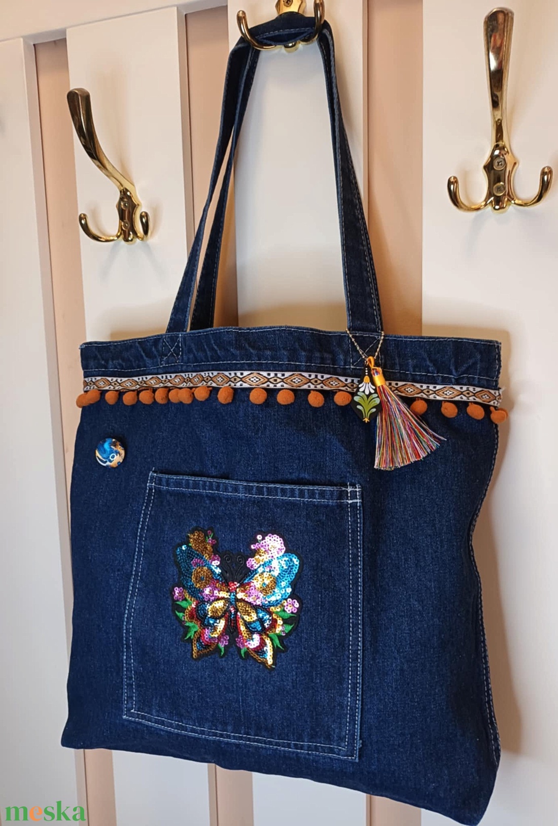 Bohém farmer bevásárló táska ajándék dísszel és kitűzővel - táska & tok - bevásárlás & shopper táska - shopper, textiltáska, szatyor - Meska.hu