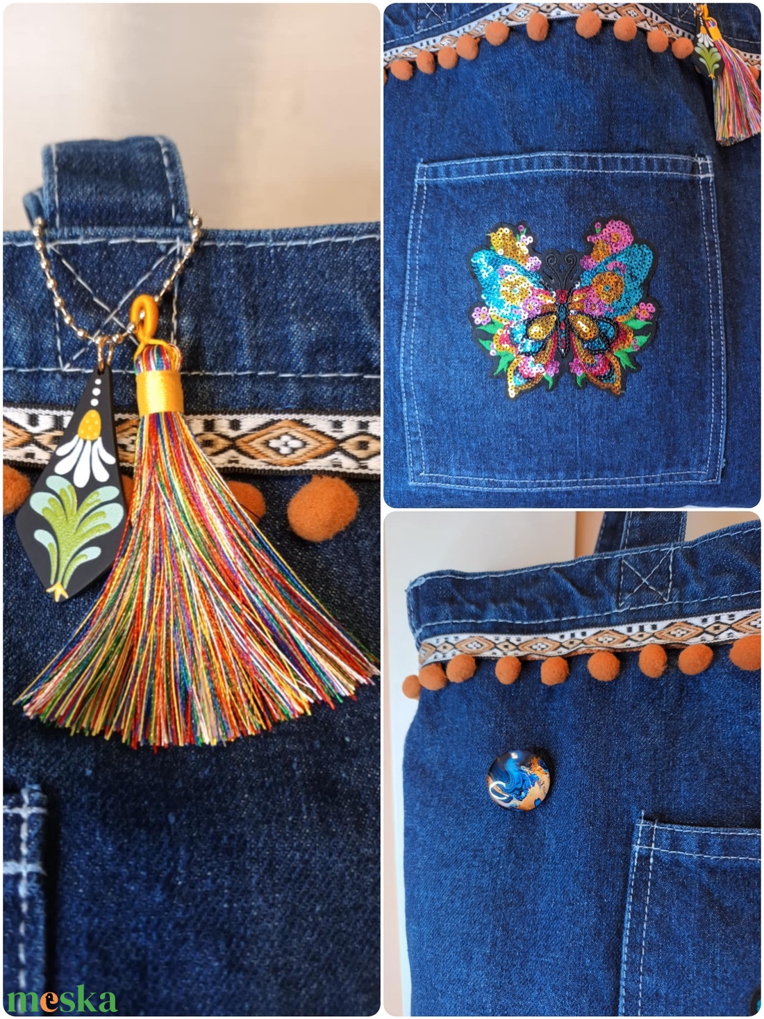 Bohém farmer bevásárló táska ajándék dísszel és kitűzővel - táska & tok - bevásárlás & shopper táska - shopper, textiltáska, szatyor - Meska.hu