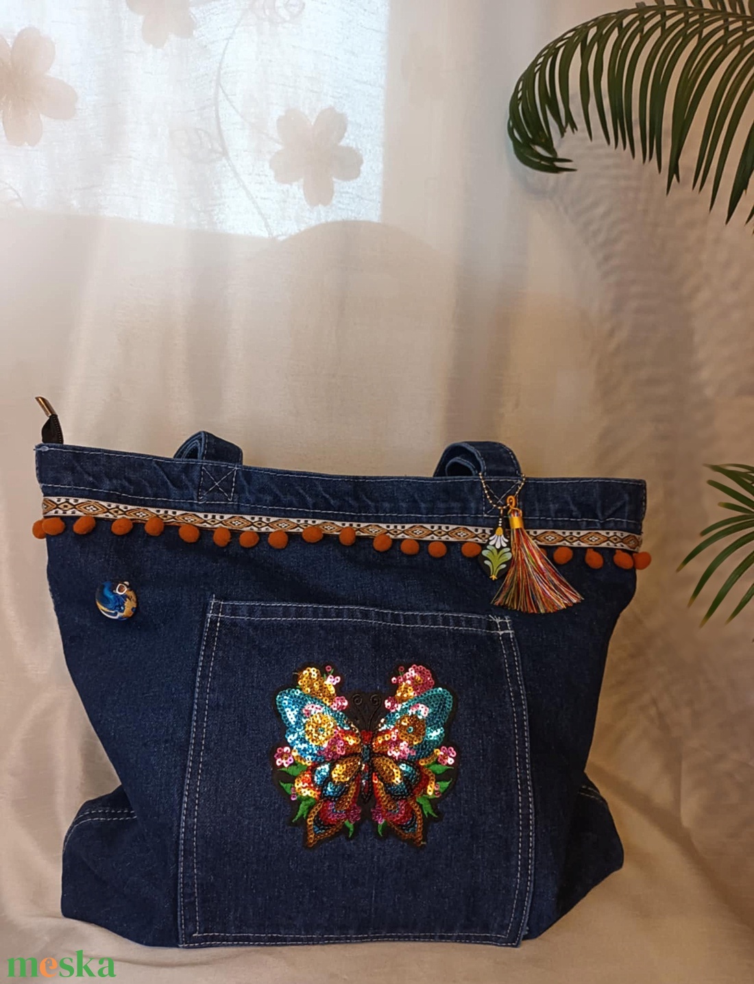 Bohém farmer bevásárló táska ajándék dísszel és kitűzővel - táska & tok - bevásárlás & shopper táska - shopper, textiltáska, szatyor - Meska.hu