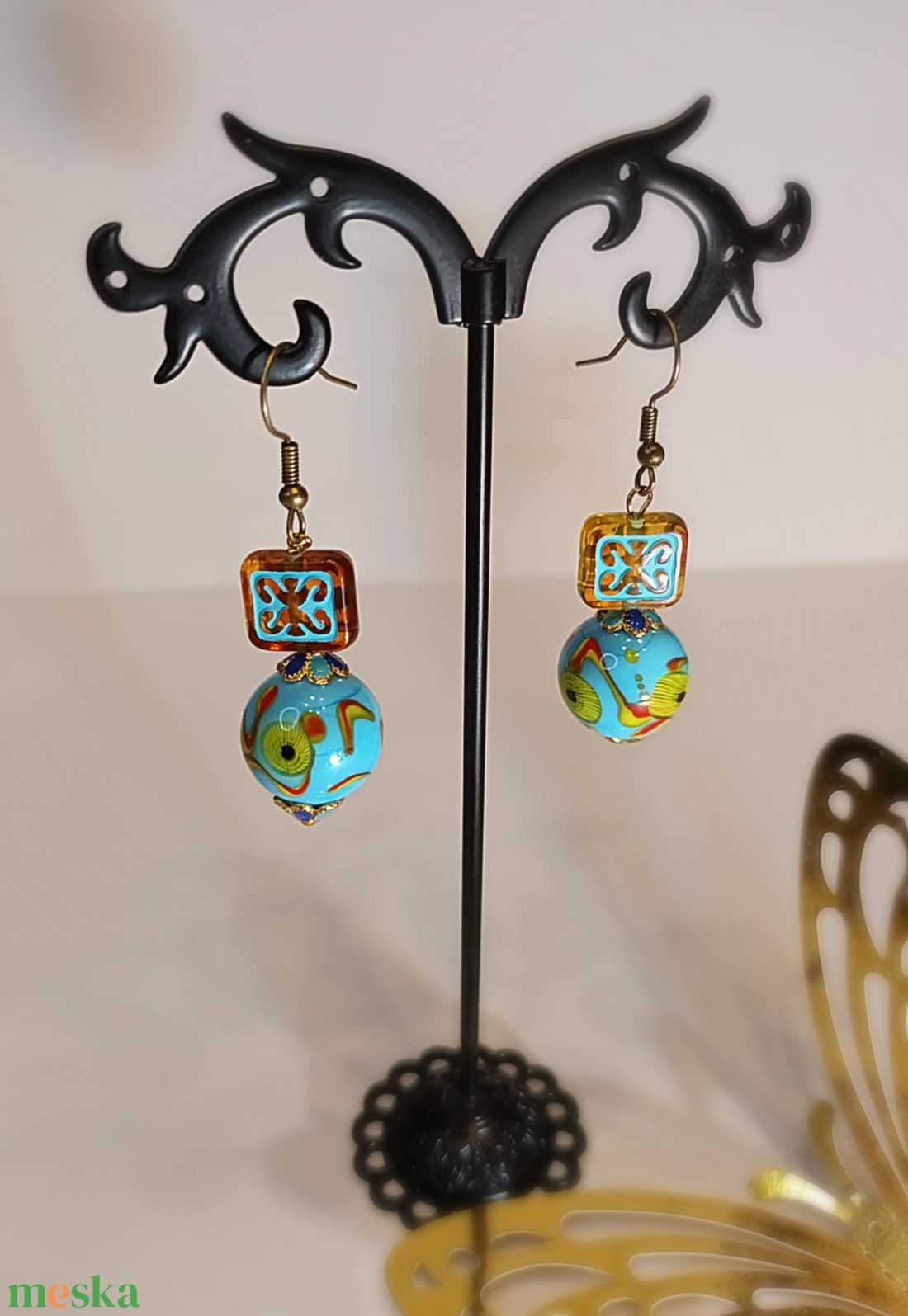 Türkiz Varázs � mintás lámpagyöngy fülbevaló - ékszer - fülbevaló - lógós kerek fülbevaló - Meska.hu