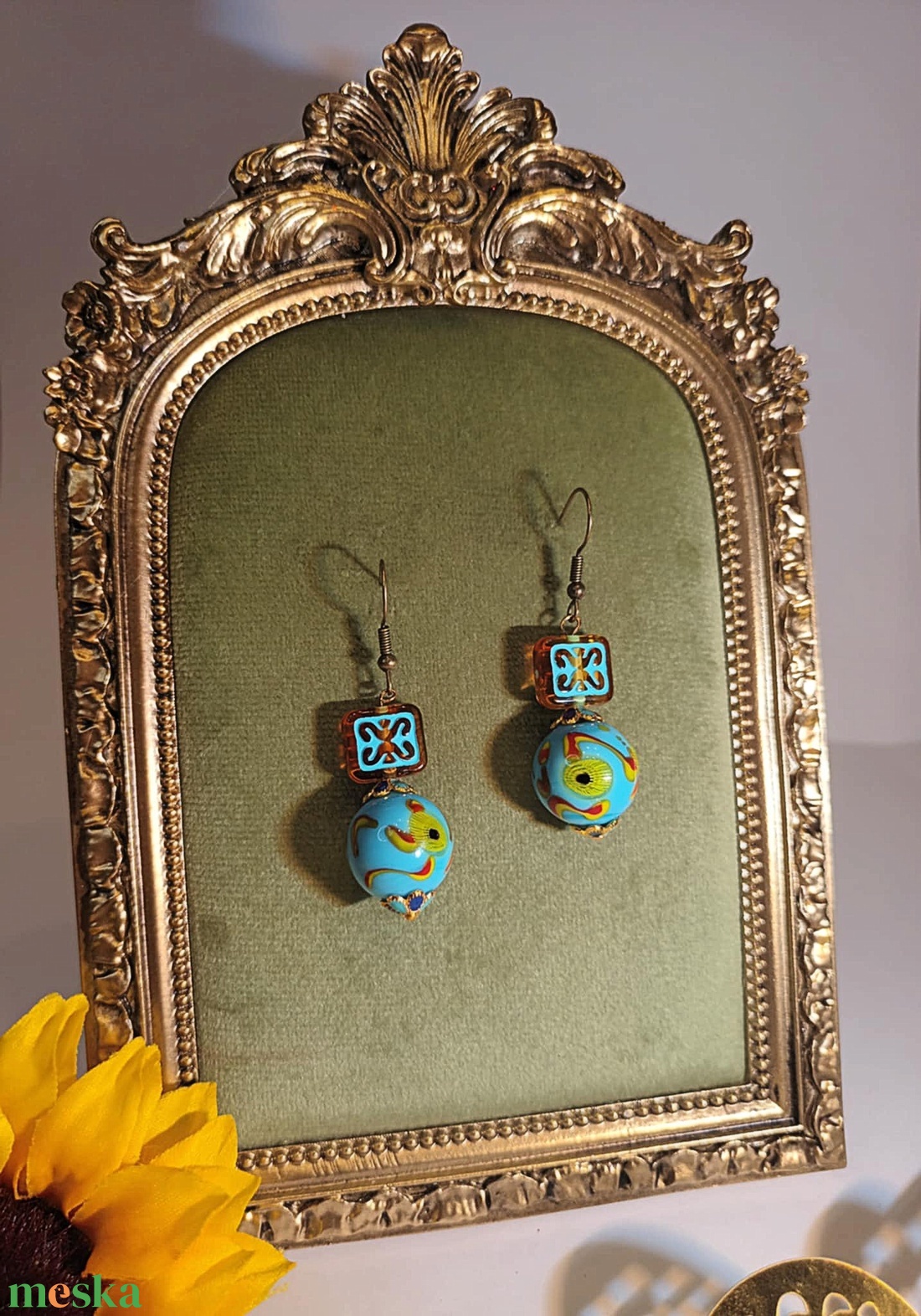 Türkiz Varázs � mintás lámpagyöngy fülbevaló - ékszer - fülbevaló - lógós kerek fülbevaló - Meska.hu