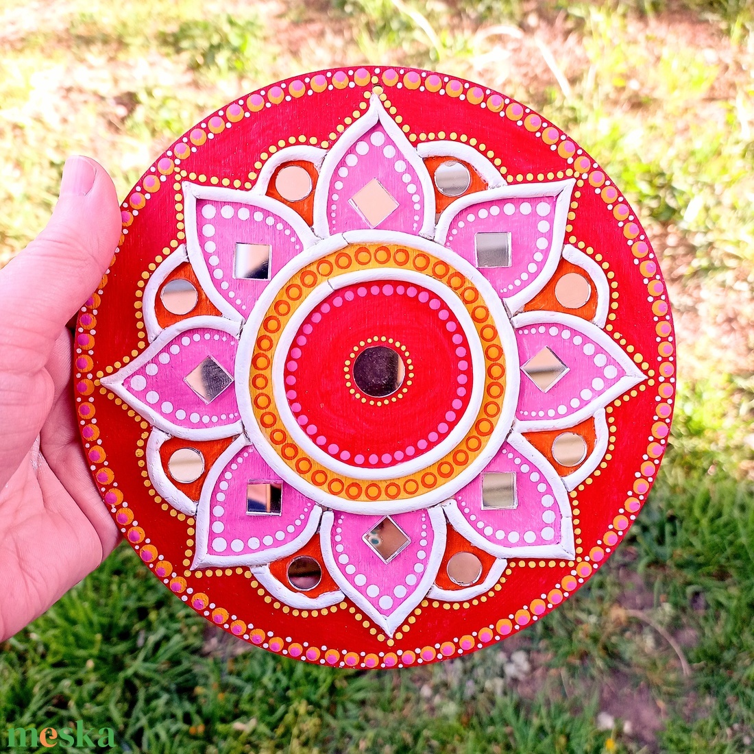 Mandala kép, gyertyatartó piros-pink-sárga virág, tükörmozaikkal - otthon & lakás - dekoráció - spiritualitás - mandala - Meska.hu