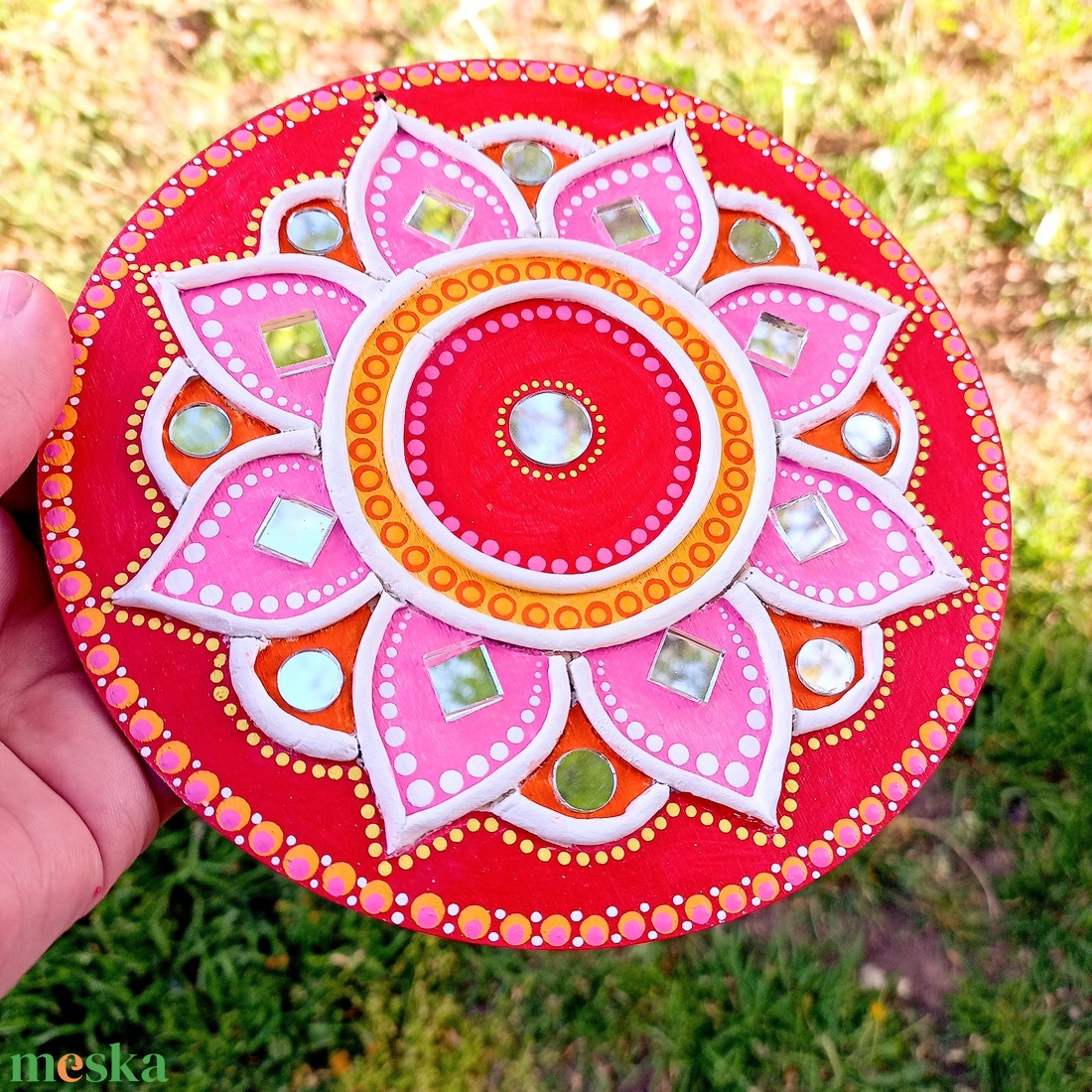 Mandala kép, gyertyatartó piros-pink-sárga virág, tükörmozaikkal - otthon & lakás - dekoráció - spiritualitás - mandala - Meska.hu