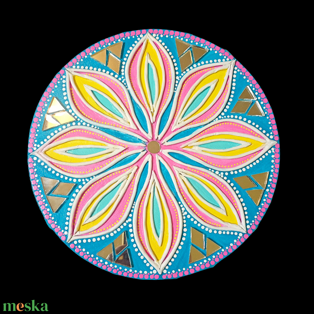 Mandala kép Virág, türkiz-pink-sárga, tükörmozaikkal - otthon & lakás - dekoráció - spiritualitás - mandala - Meska.hu