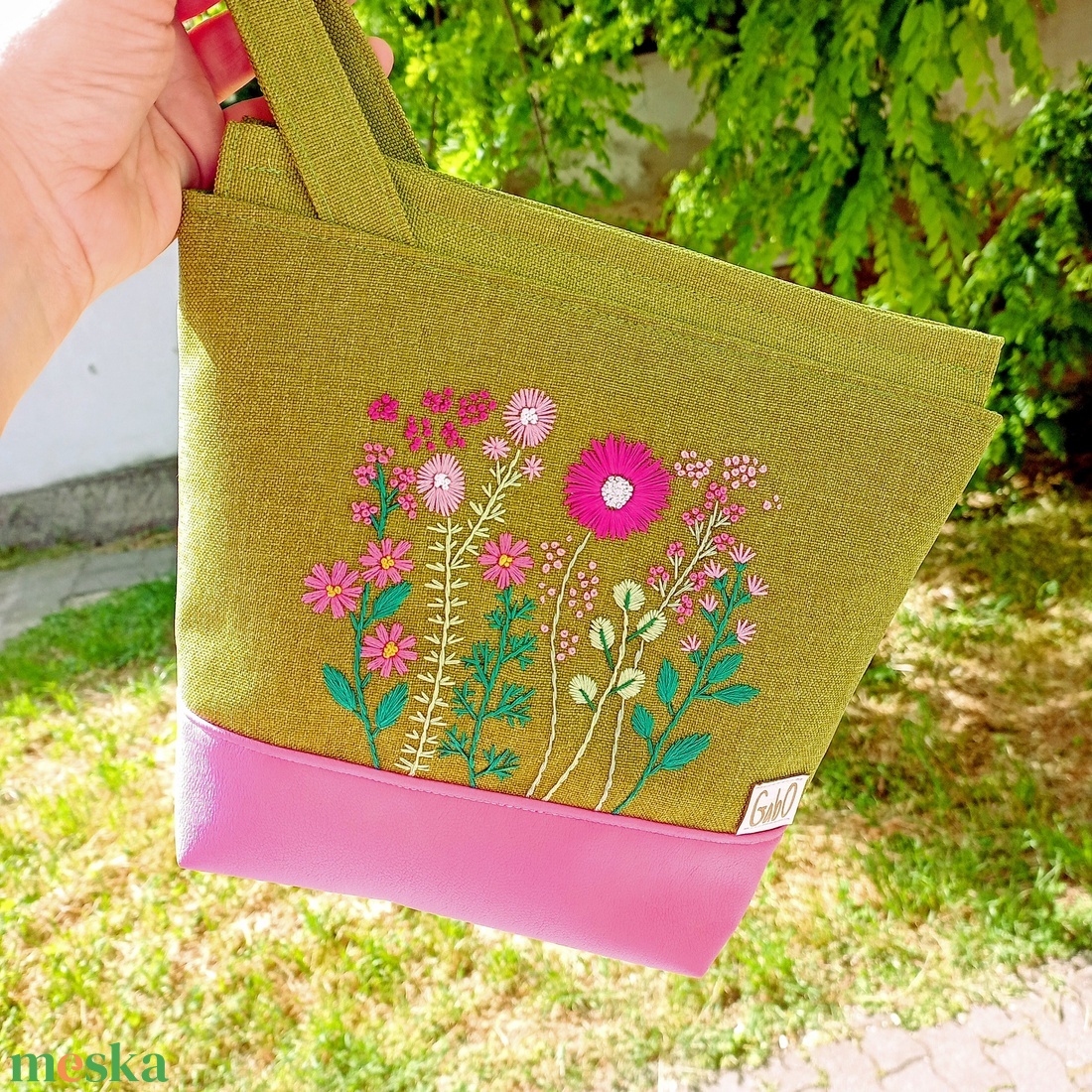 Project bag, neszeszer - Hímzett vadvirágos, pink - táska & tok - bevásárlás & shopper táska - shopper, textiltáska, szatyor - Meska.hu