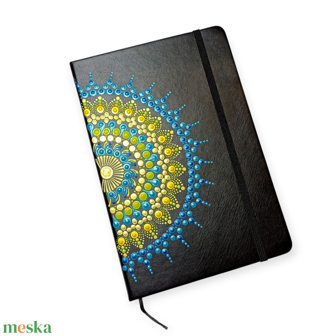 Pontozott mandalás jegyzetfüzet, vonalas  kék, zöld és sárga mintával - otthon & életmód - papír, írószer - jegyzetfüzet & napló - Meska.hu