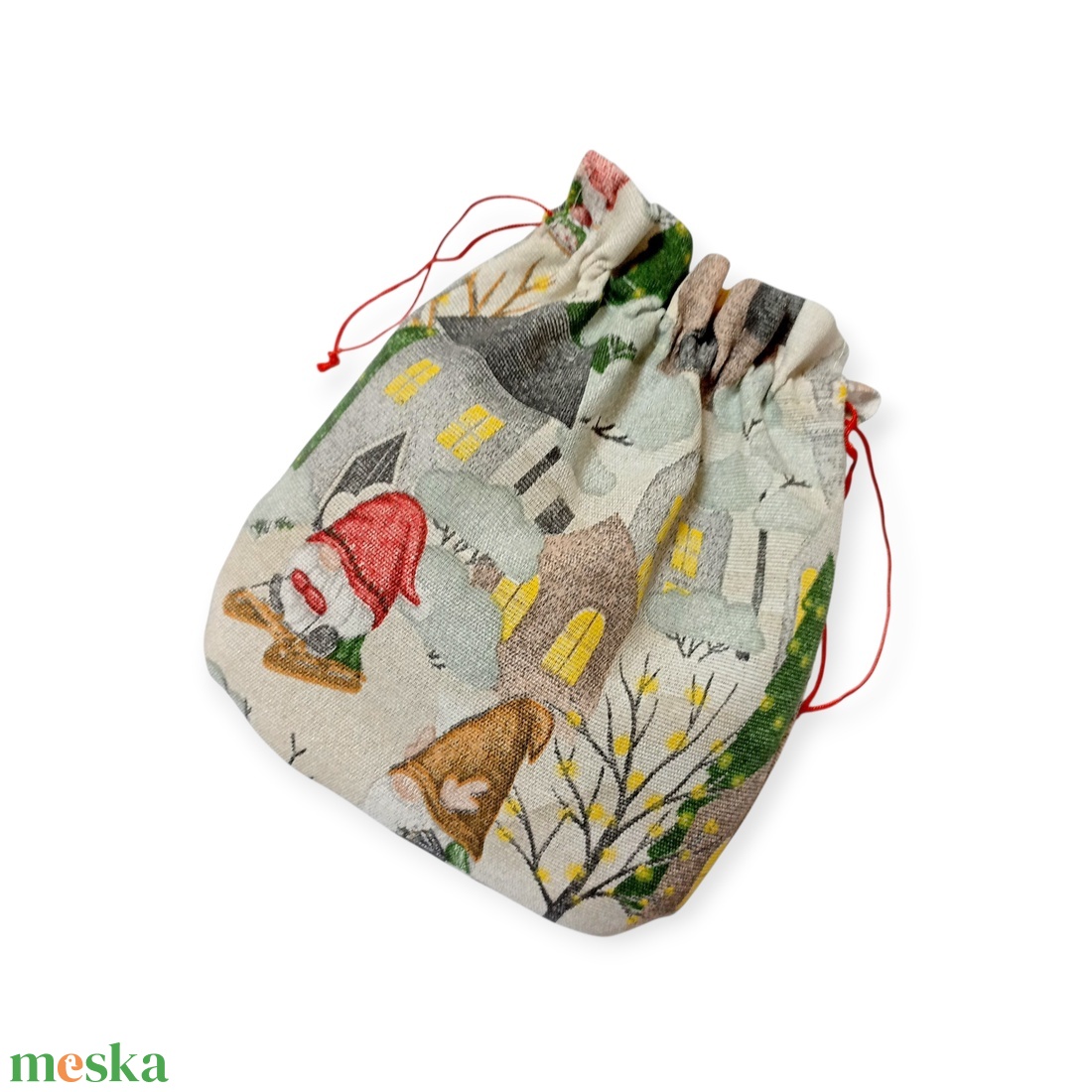 Karácsonyi mintás összehúzható zsákocska - Manós - karácsony - mikulás - mikulás zsák - Meska.hu