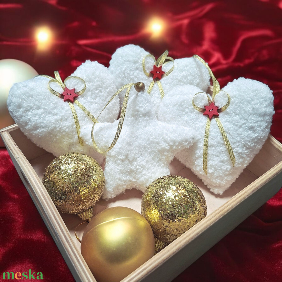 Karácsonyi dísz szett  szívecskék és csillag, fehér, puha Teddy anyagból - karácsony - karácsonyi lakásdekoráció - karácsonyfadíszek - Meska.hu