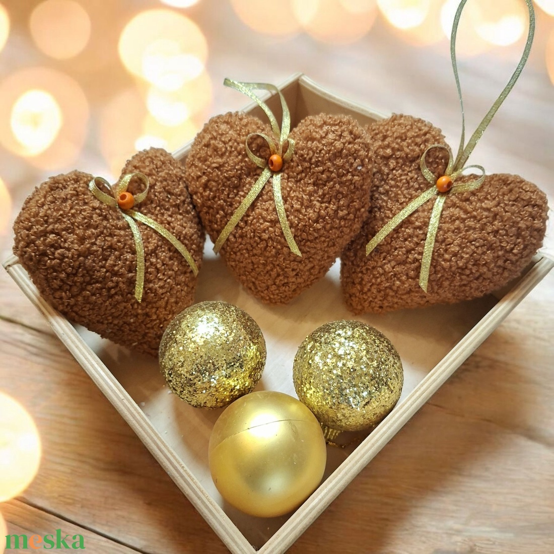 Karácsonyi dísz szett  szívecskék, rozsdabarna, puha Teddy anyagból, 3db - karácsony - karácsonyi lakásdekoráció - karácsonyfadíszek - Meska.hu