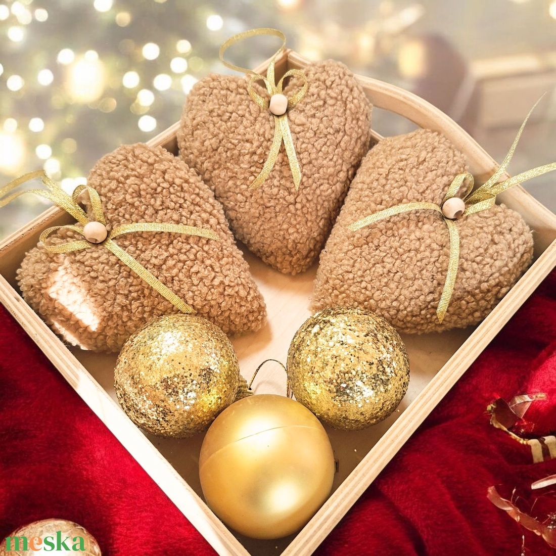 Karácsonyi dísz szett  szívecskék, világosbarna, puha Teddy anyagból, 3db - karácsony - karácsonyi lakásdekoráció - karácsonyfadíszek - Meska.hu