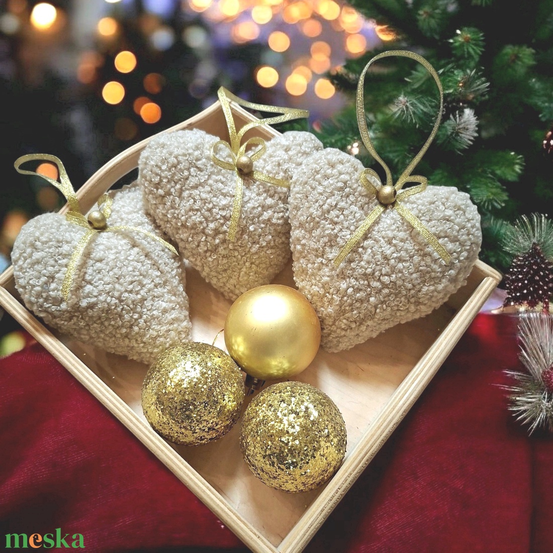 Karácsonyi dísz szett  szívecskék, beige, puha Teddy anyagból, 3db - karácsony - karácsonyi lakásdekoráció - karácsonyfadíszek - Meska.hu