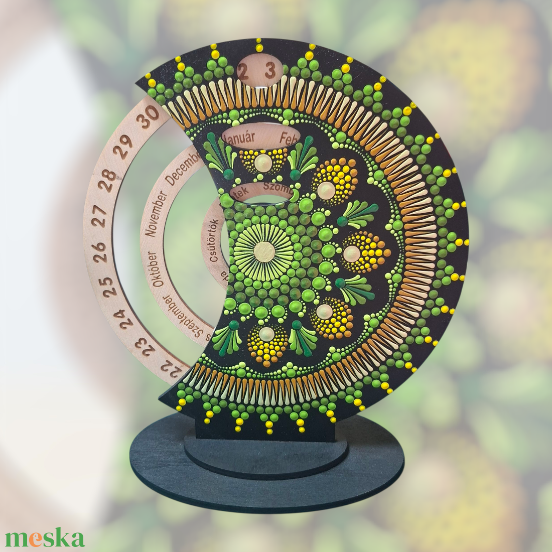 Pontozott mandala fa öröknaptár, zöld-mustár-sárga - otthon & életmód - dekoráció - fali és függő dekoráció - falinaptár & öröknaptár - Meska.hu