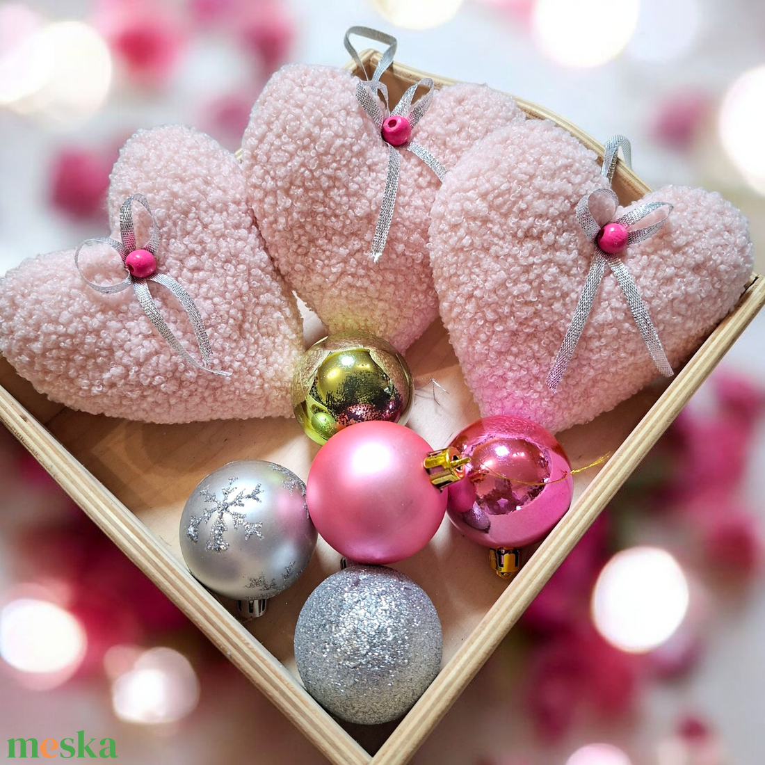 Karácsonyi dísz szett  szívecskék, rózsaszín, puha Teddy anyagból, 3db - karácsony - karácsonyi lakásdekoráció - karácsonyfadíszek - Meska.hu