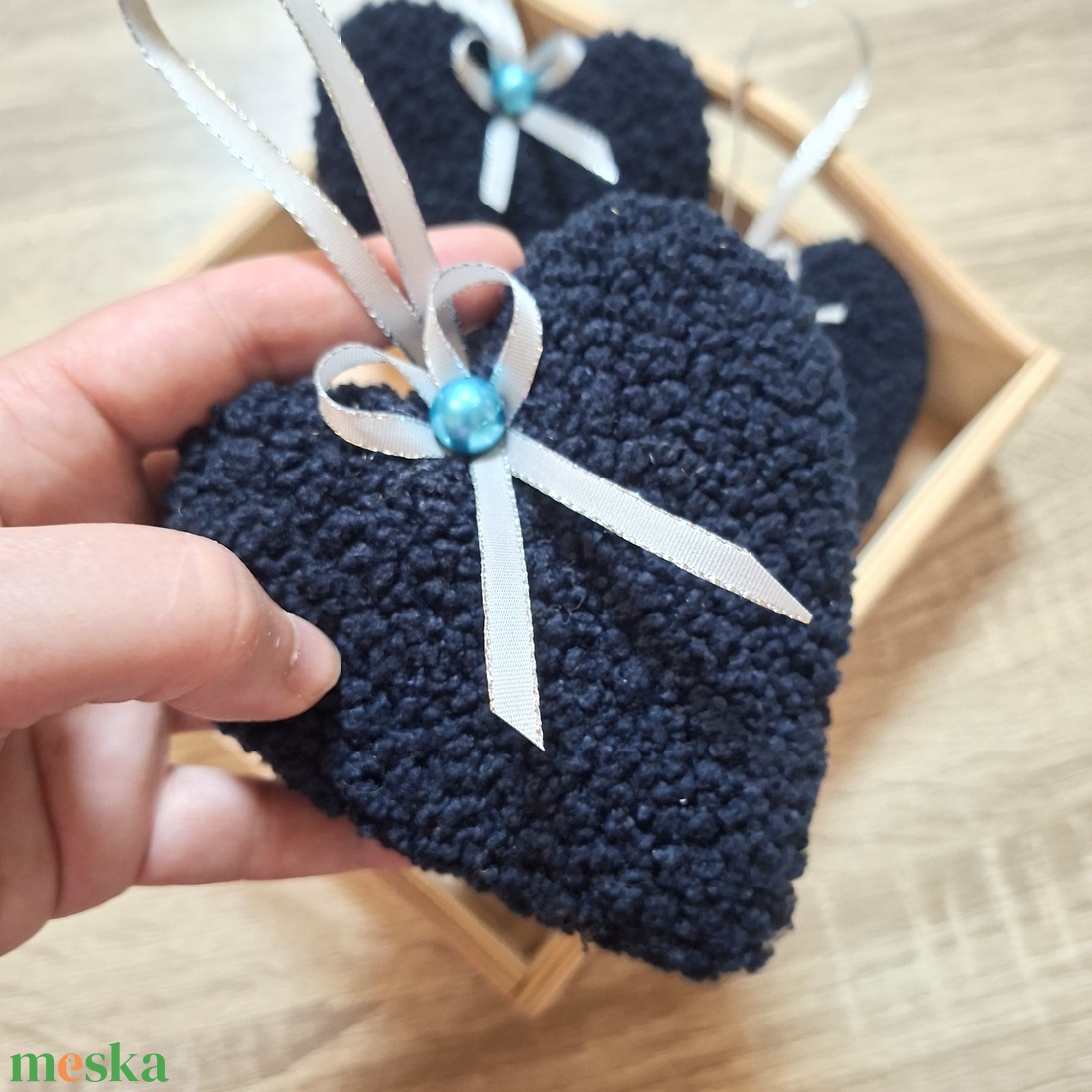 Karácsonyi dísz szett  szívecskék, sötétkék, puha Teddy anyagból, 3db - karácsony - karácsonyi lakásdekoráció - karácsonyfadíszek - Meska.hu