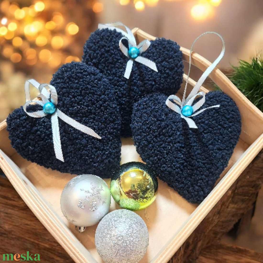 Karácsonyi dísz szett  szívecskék, sötétkék, puha Teddy anyagból, 3db - karácsony - karácsonyi lakásdekoráció - karácsonyfadíszek - Meska.hu