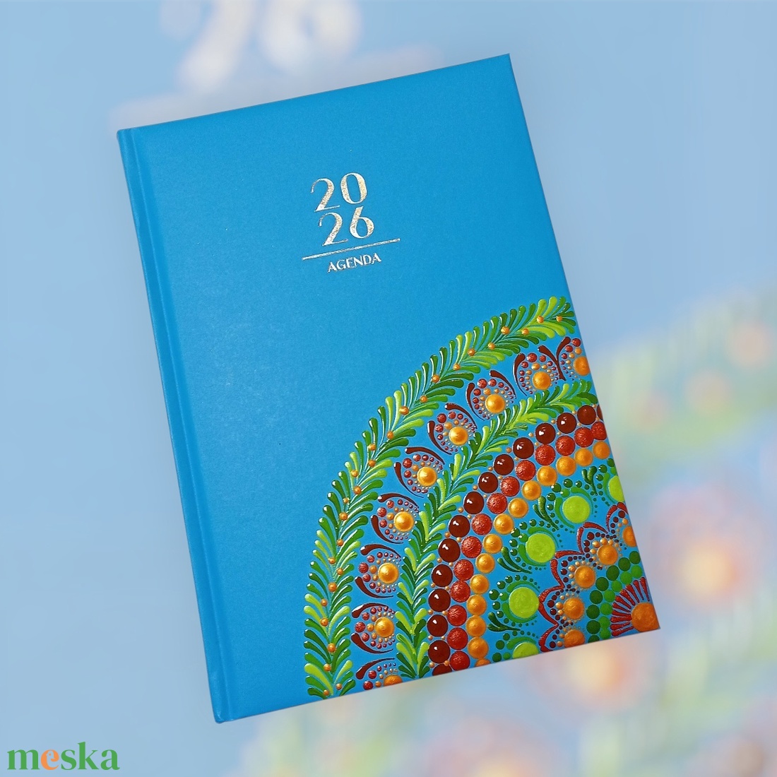 Pontozott mandalás határidőnapló, 2026-os, Kék, narancs-barna-zöld mintával - otthon & életmód - papír, írószer - jegyzetfüzet & napló - Meska.hu