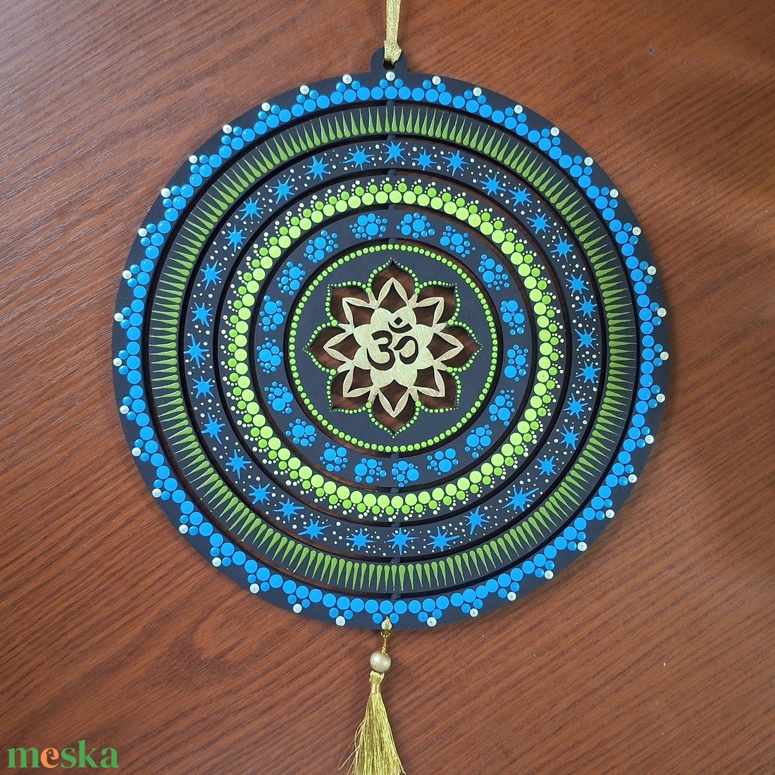 Pontozott fa szélforgó  OM jellel, KékZöldArany (30 cm) - otthon & életmód - dekoráció - dísztárgy - Meska.hu