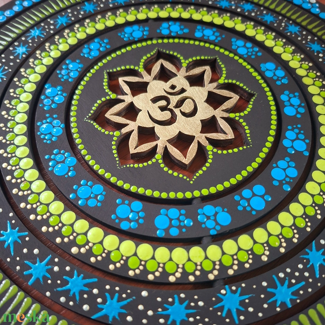 Pontozott fa szélforgó  OM jellel, KékZöldArany (30 cm) - otthon & életmód - dekoráció - dísztárgy - Meska.hu