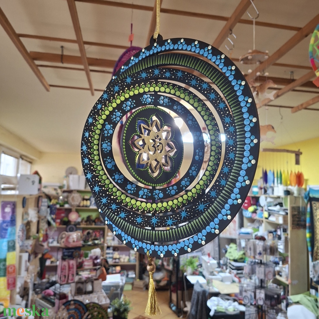 Pontozott fa szélforgó  OM jellel, KékZöldArany (30 cm) - otthon & életmód - dekoráció - dísztárgy - Meska.hu