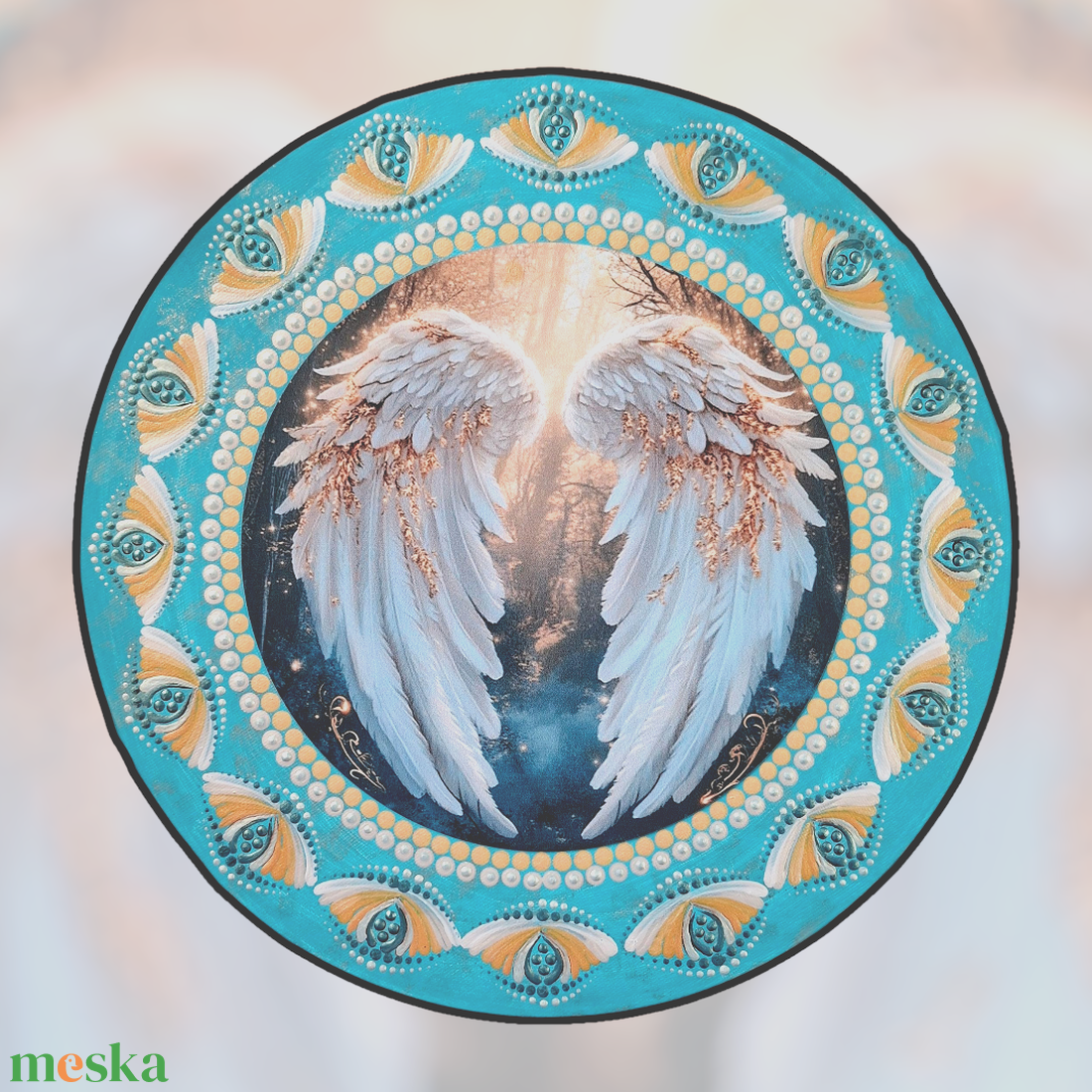 Aranytürkiz angyalszárny mandala fém betéttel  30 cm - művészet - festmény - festmény vegyes technika - Meska.hu