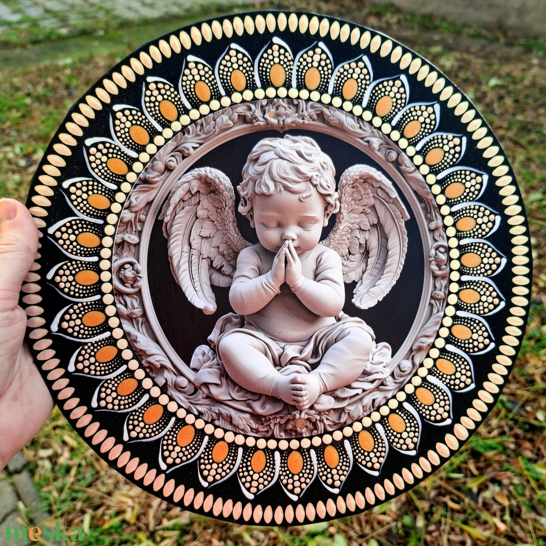 Imádkozó angyalka mandala fém betéttel  30 cm - művészet - festmény - festmény vegyes technika - Meska.hu
