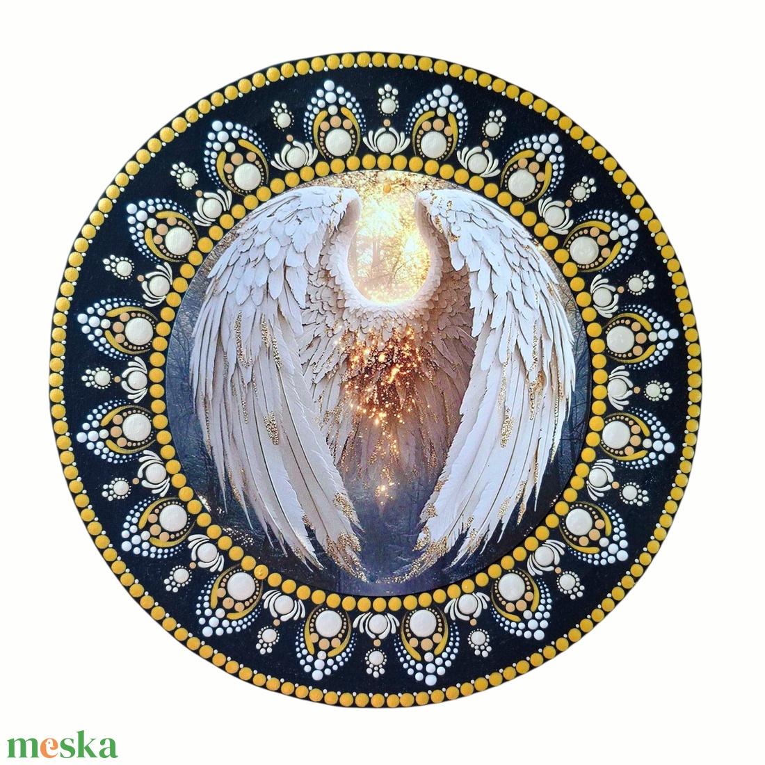 Arany-fekete angyalszárny mandala fém betéttel  30 cm - művészet - festmény - festmény vegyes technika - Meska.hu