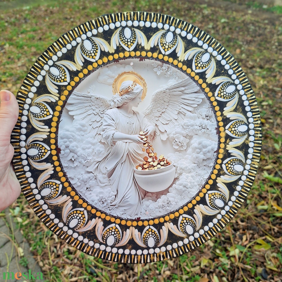 Bőség angyala pontozott mandala fém betéttel  30 cm - művészet - festmény - festmény vegyes technika - Meska.hu